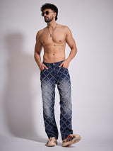Dark Washed Distressed Patterned Straight Fit Denim Jeans Fugazee 