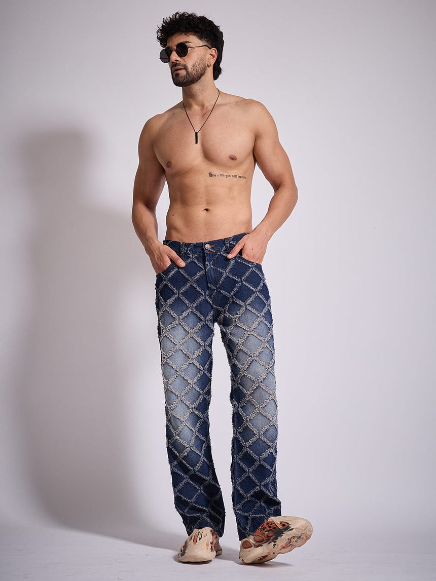 Dark Washed Distressed Patterned Straight Fit Denim Jeans Fugazee 
