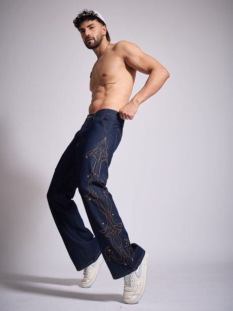 Dark Wash Mayan Embroidery Riveted Flared Denim Jeans Fugazee 
