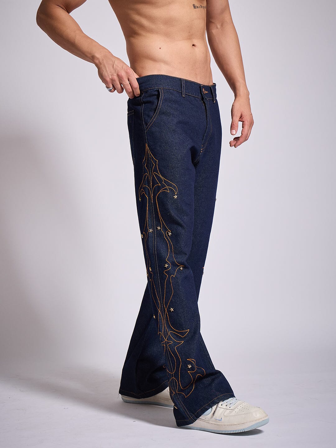 Dark Wash Mayan Embroidery Riveted Flared Denim | Buy Men Flared