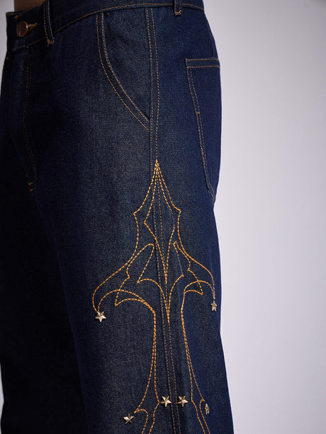 Dark Wash Mayan Embroidery Riveted Flared Denim Jeans Fugazee 