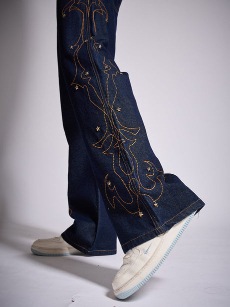 Dark Wash Mayan Embroidery Riveted Flared Denim Jeans Fugazee 