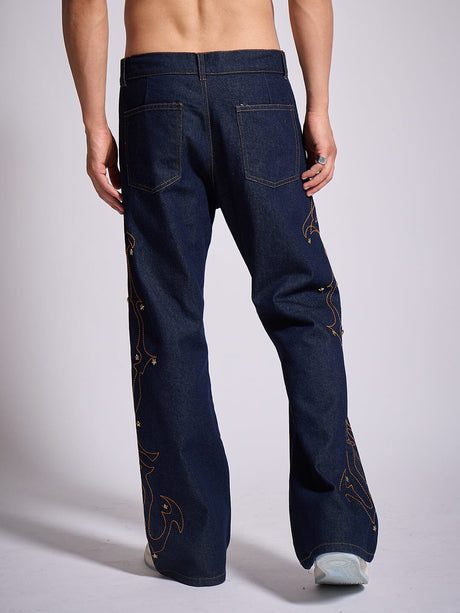 Dark Wash Mayan Embroidery Riveted Flared Denim Jeans Fugazee 