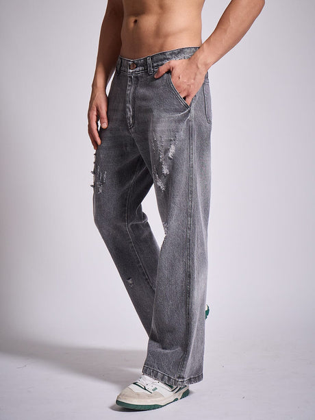 Grey Distressed Flared Denim Jeans Fugazee 