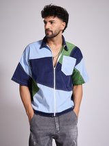 Blue Tricolour Cut & Sew Zipped Corduroy Shirt Shirts Fugazee 