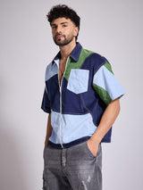 Blue Tricolour Cut & Sew Zipped Corduroy Shirt Shirts Fugazee 