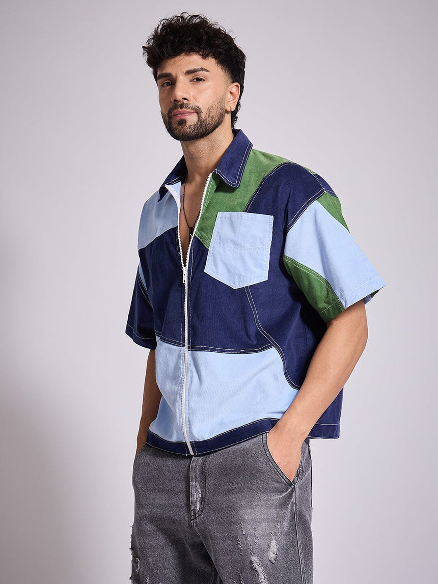 Blue Tricolour Cut & Sew Zipped Corduroy Shirt Shirts Fugazee 