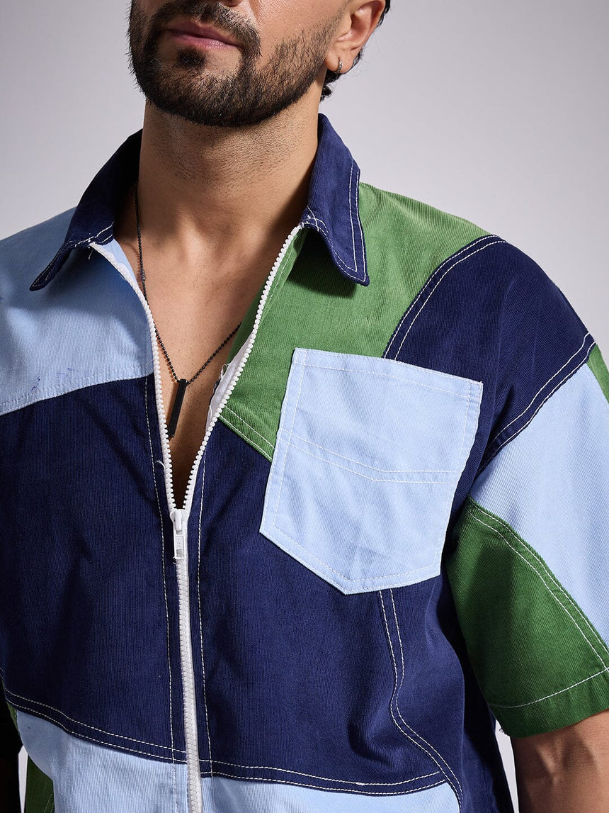 Blue Tricolour Cut & Sew Zipped Corduroy Shirt Shirts Fugazee 
