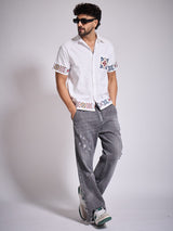 White Patterned Embroidered Corduroy Shirt Shirts Fugazee 