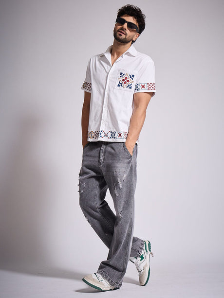 Grey Distressed Flared Denim Jeans Fugazee 