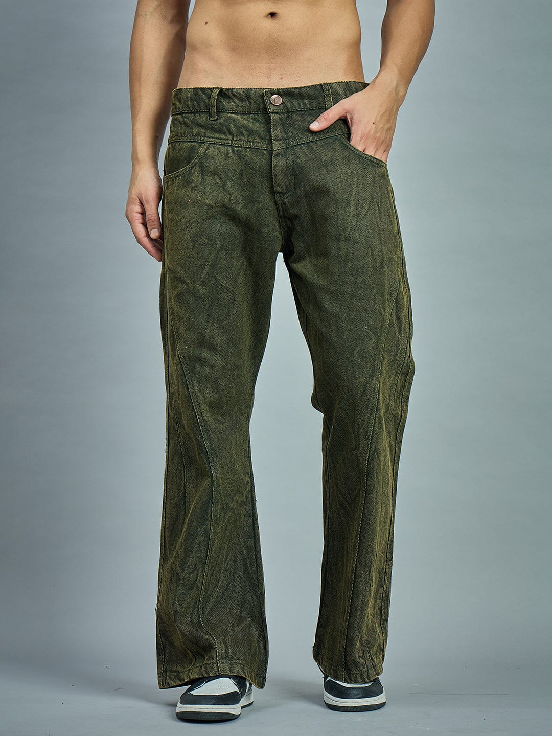 Olive Grunge Dyed Flared Denim | Buy Men Flared Denim | Fugazee