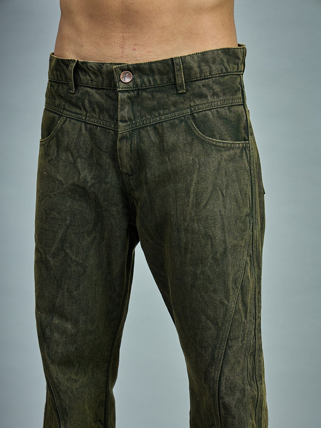 Olive Grunge Dyed Flared Denim | Buy Men Flared Denim | Fugazee