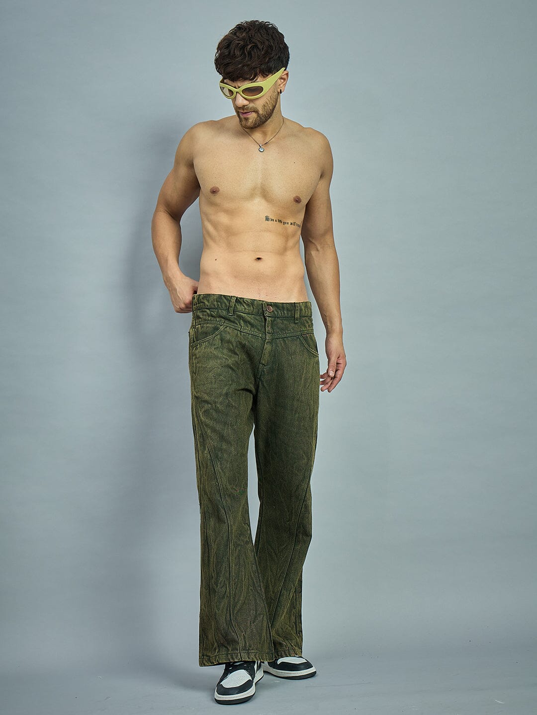 Olive Grunge Dyed Flared Denim | Buy Men Flared Denim | Fugazee