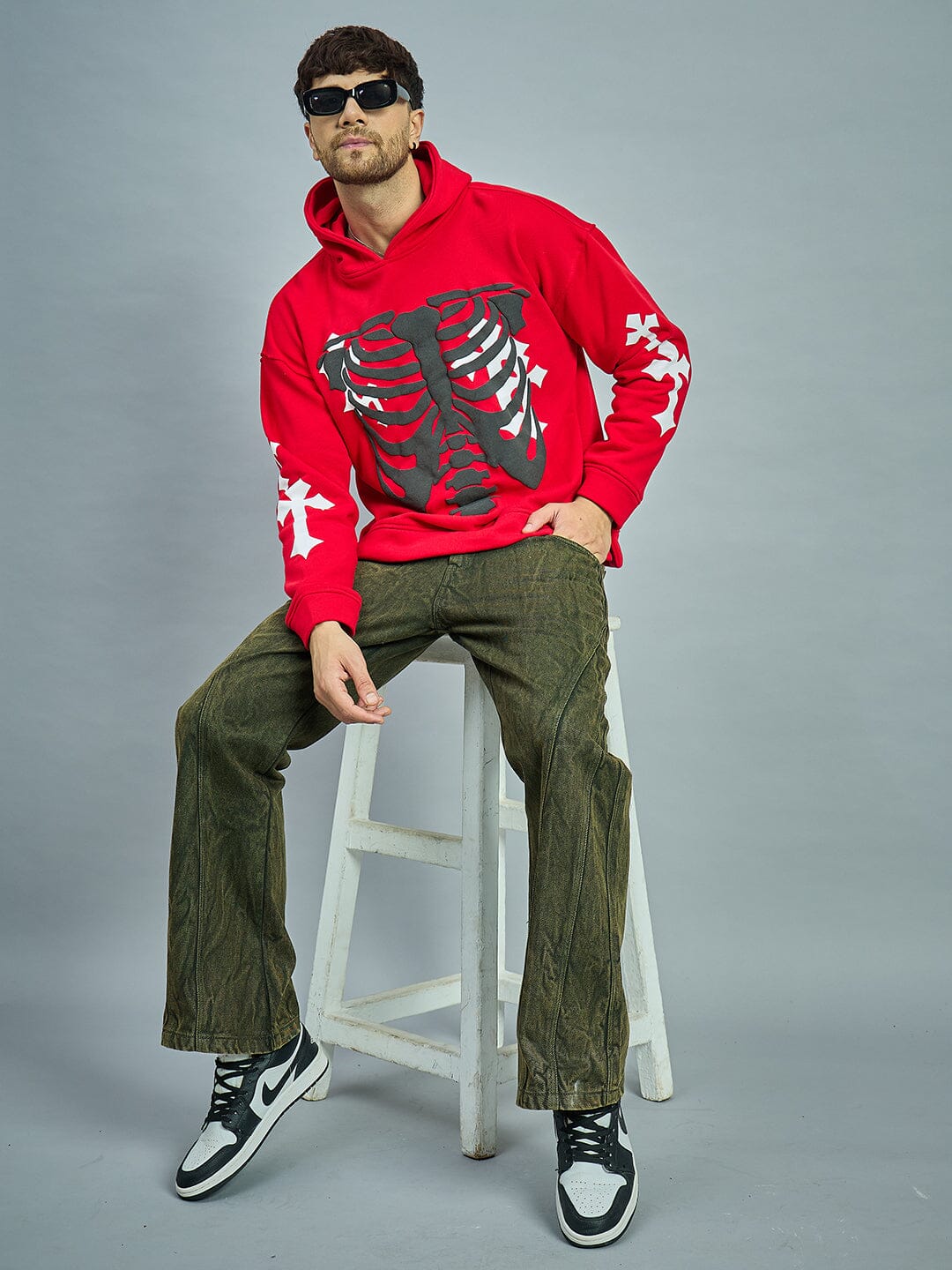 Red Fleece Rib Cage Graphic Oversized Hoodie | Buy Mens