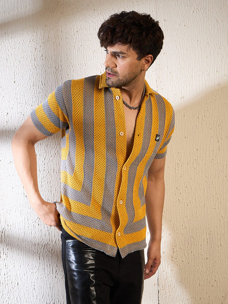 Yellow & Grey Striped Crochet Shirt Shirts Fugazee 