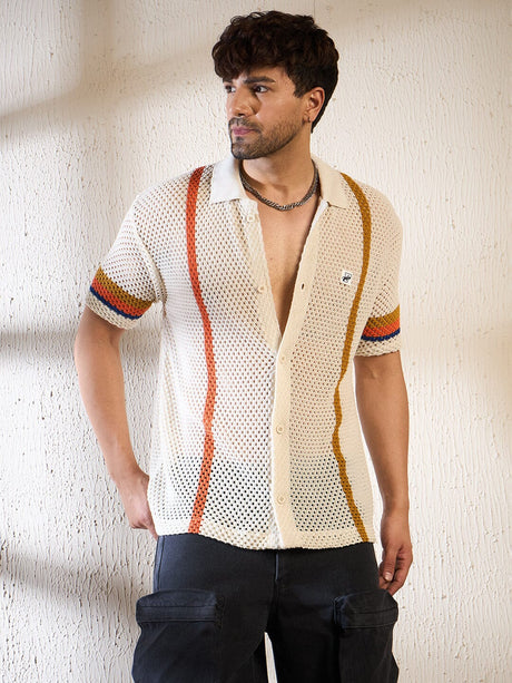 Ecru Crochet Striped Knitted Shirt Shirts Fugazee 