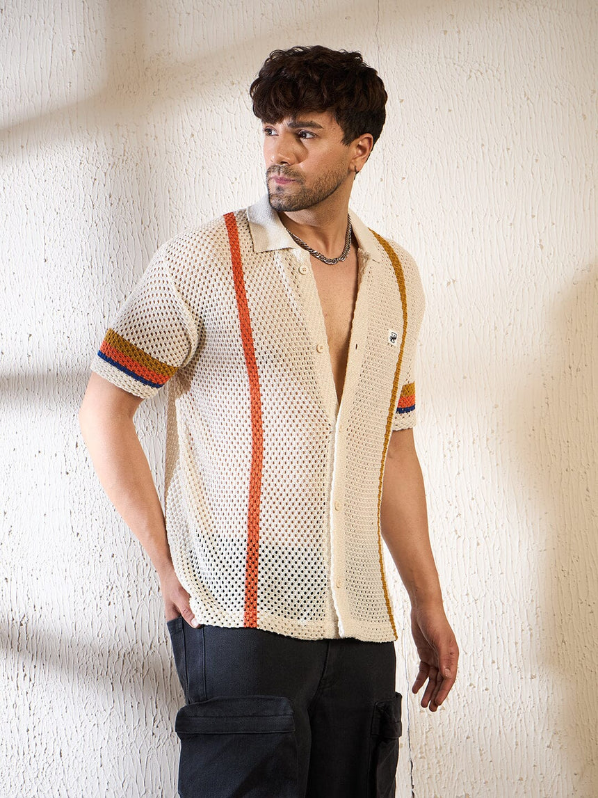 Ecru Crochet Striped Knitted Shirt Shirts Fugazee 