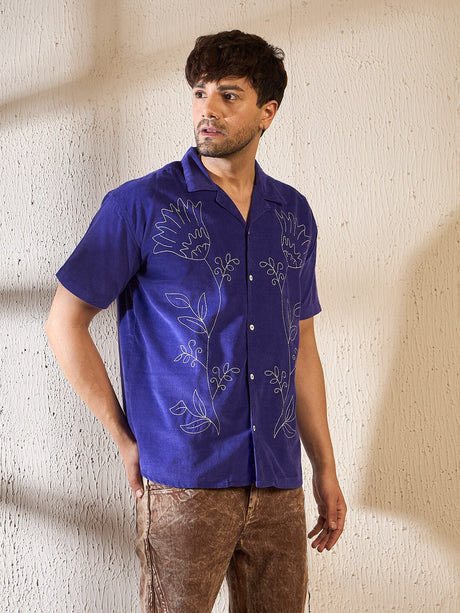 Royal Blue Corduroy Cuban Shirt Shirts Fugazee 