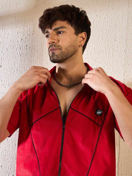 Red Corduroy Zipped Piping Shirt