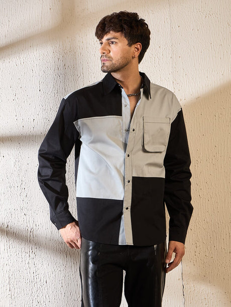 Black & Grey Contrast Panel Oversized Shirt Shirts Fugazee 