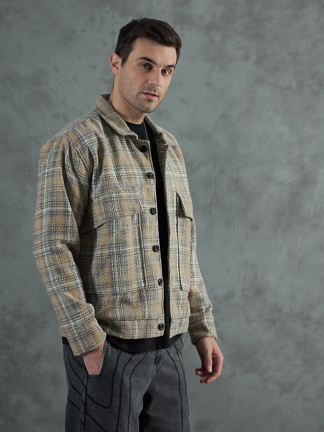 Biege Checkered Tweed Cropped Jacket | Buy Men Jacket | Fugazee