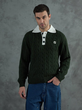 Green Cable Knit Polo Sweater Sweaters Fugazee 