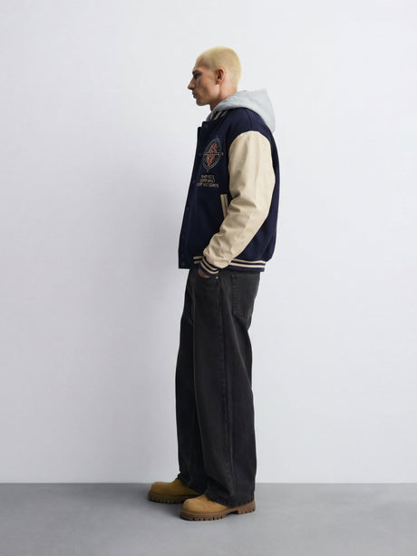 Navy Cupid Sniper Hooded Varsity Jacket Jackets Fugazee 