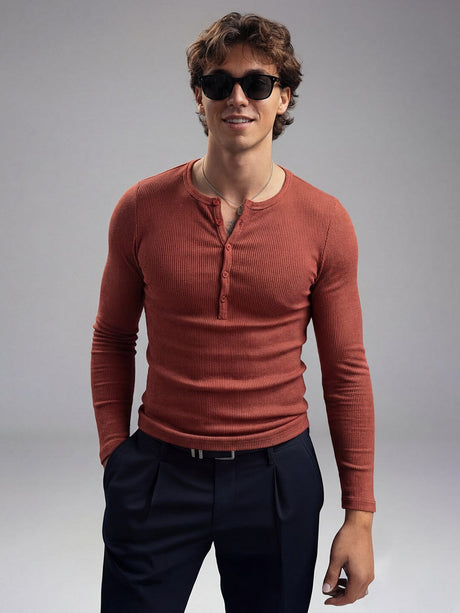 Rust Ribbed Henley Longsleeves Tshirt T-Shirts Fugazee 