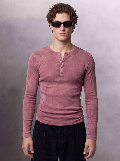 Crimson Acid Washed Ribbed Longsleeve Henley Tshirt T-Shirts Fugazee 