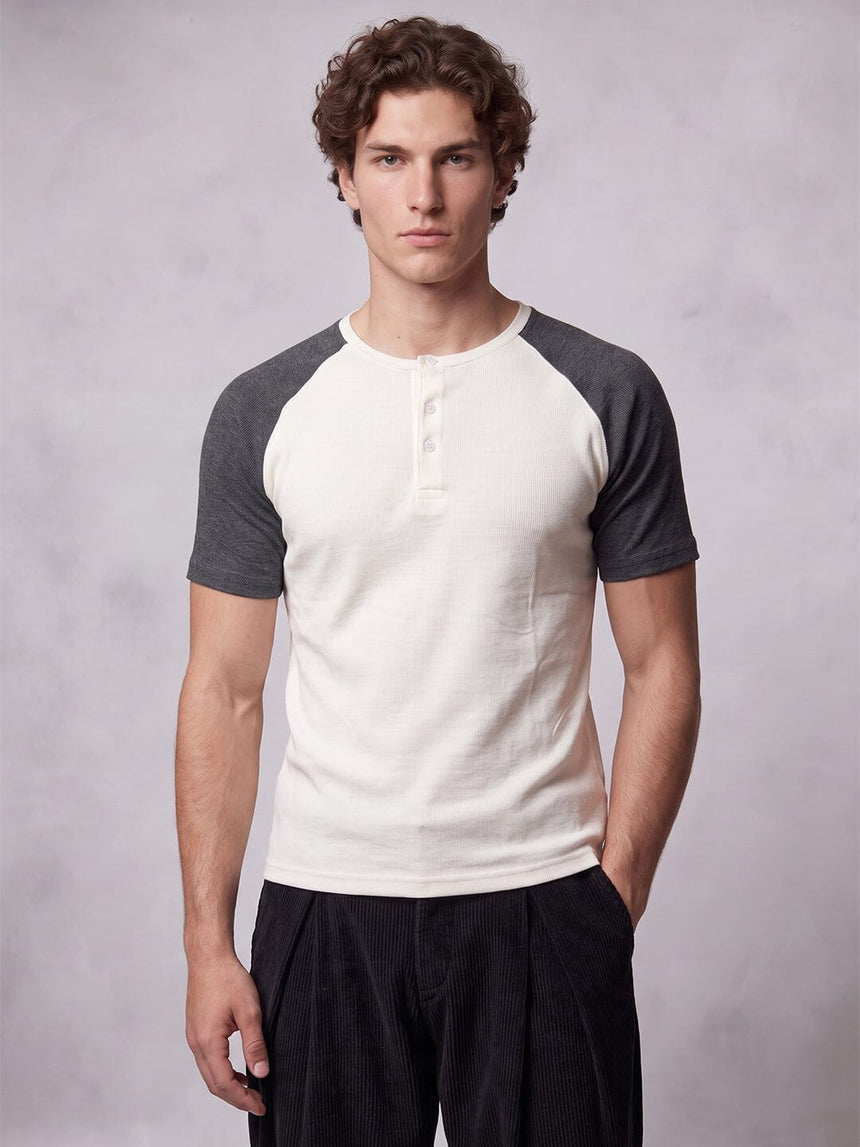 Ecru and Charcoal Raglan Ribbed Henley Tshirt T-Shirts Fugazee 