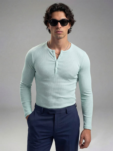 Pastel Mint Green Ribbed Henley Longsleeves Tshirt T-Shirts Fugazee 