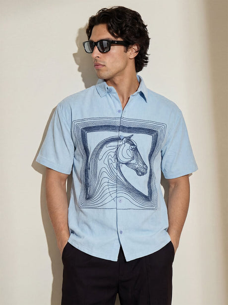 Sky Blue Horse Embroidery Shirt Shirts Fugazee 