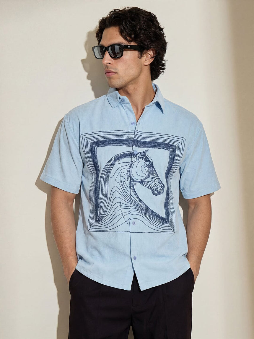 Sky Blue Horse Embroidery Shirt Shirts Fugazee 
