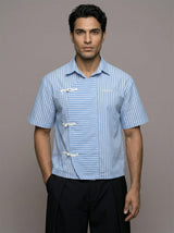 Marine Blue Striped Chinese Frog Buttoned Cropped Shirt Shirts Fugazee 