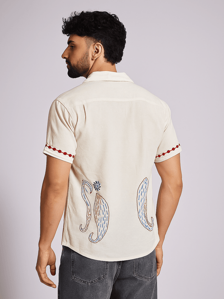 Ecru Paisley Embroidery Cuban Shirt Shirts Fugazee 