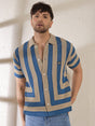 Beige & Blue Striped Crochet Knitted Shirt Shirts Fugazee 