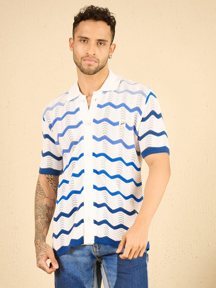 White Wavy Stripes Crochet Shirt Shirts Fugazee 