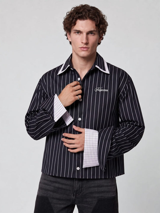 Navy Blue Striped Double Collared Cropped Shirt Shirts Fugazee 