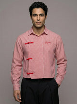 Red Checkered Chinese Frog Buttoned Cropped Shirt Shirts Fugazee 