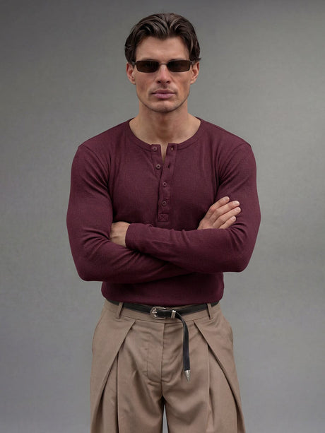 Maroon Ribbed Henley Longsleeves Tshirt T-Shirts Fugazee 
