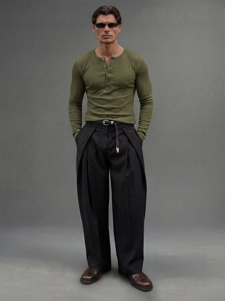 Olive Ribbed Henley Longsleeves Tshirt T-Shirts Fugazee 