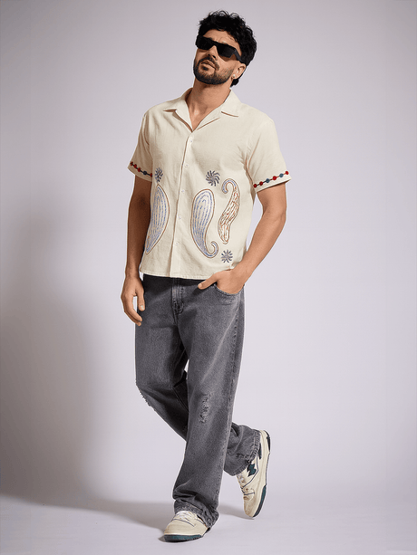 Ecru Paisley Embroidery Cuban Shirt Shirts Fugazee 