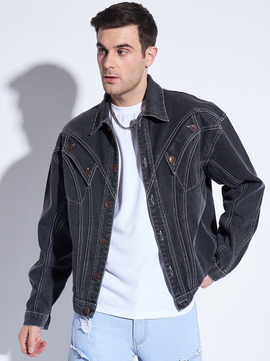 Black Wavy Panel Denim Jacket Jackets Fugazee 