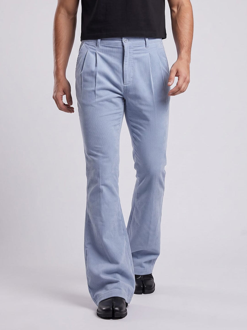 Sky Corduroy Pleated Flared Trousers Trousers Fugazee 