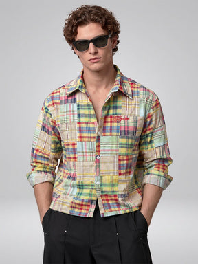 Multicolour Patchwork Plaid Cropped Shirt Shirts Fugazee 