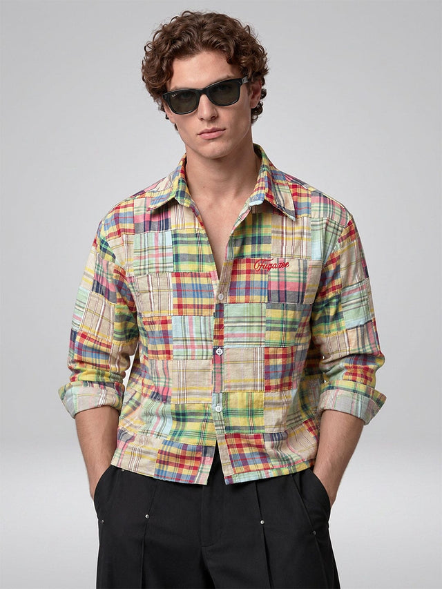 Multicolour Patchwork Plaid Cropped Shirt Shirts Fugazee 