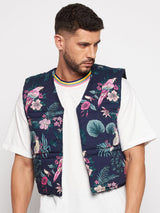 Navy Floral Print Sleeveless Puffer Jacket Jackets Fugazee 