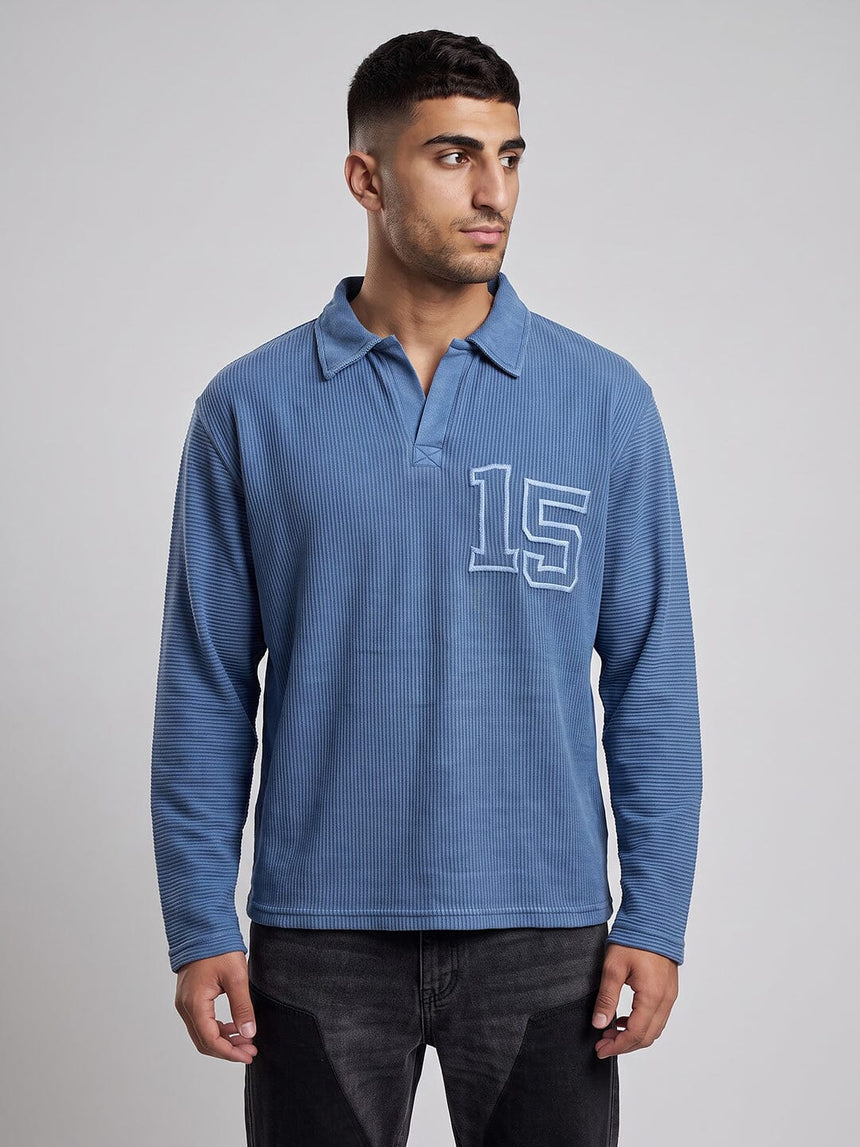 Blue Washed Textured Applique Longsleeve Polo Tshirt T-Shirts Fugazee 