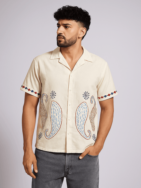 Ecru Paisley Embroidery Cuban Shirt Shirts Fugazee 