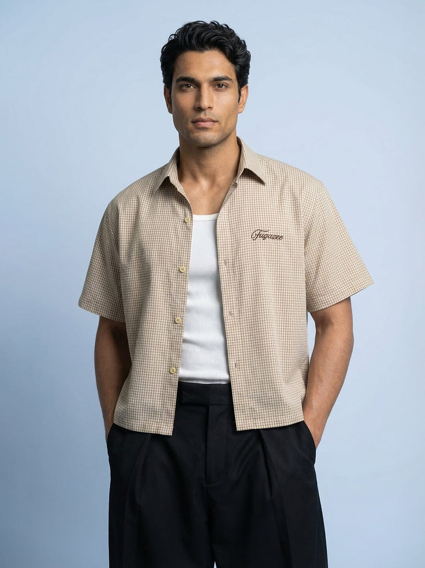 Sand Gingham Cropped Short Sleeve Shirt Shirts Fugazee 